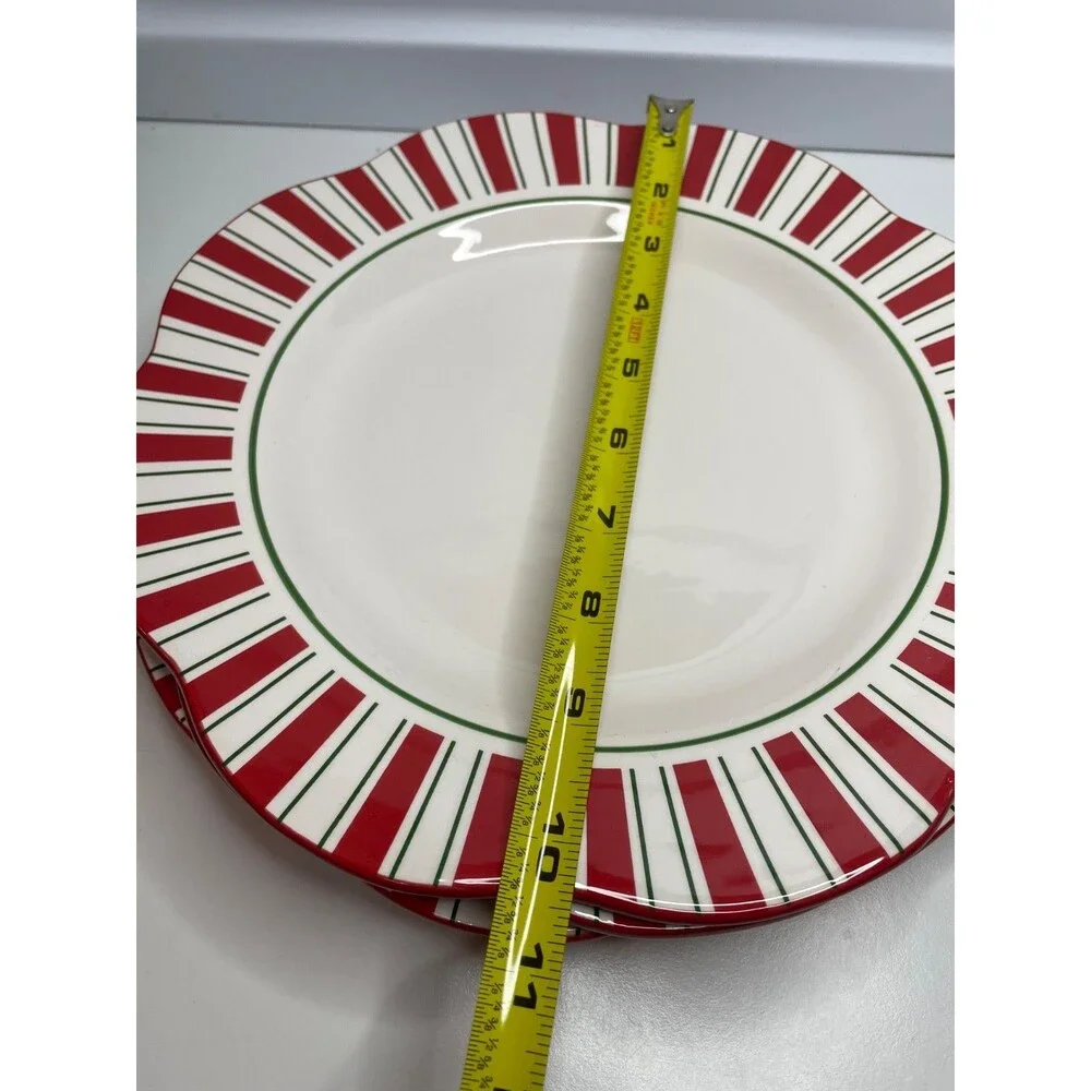 3 Pier 1 One Candy Cane 11” Dinner Plates Scalloped Edge Hand Painted Ironstone
